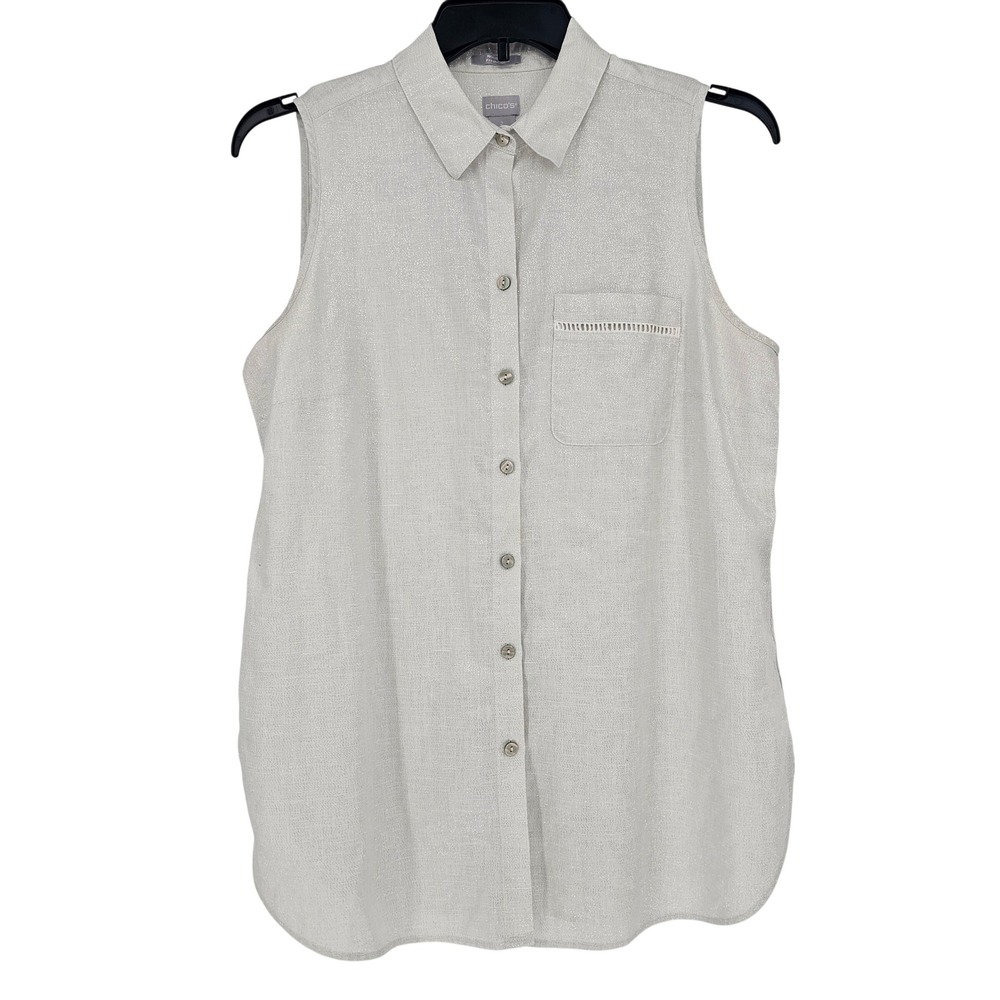 Chicos Linen Blend Sleeveless Button Up Top US 12/14 Cream Sparkle Lace Coastal